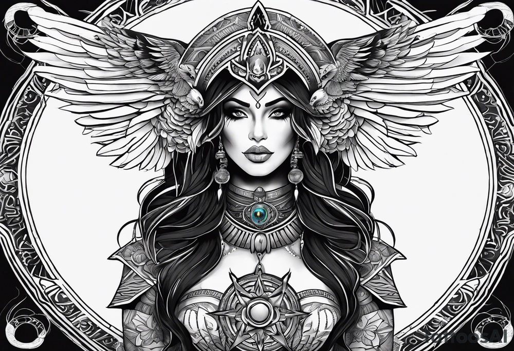 black kali, goddess pirate, alien, pachamama, valkrye, warrior, skull, lotus azul, wing, eagle, zenza resonance, stars, 5D, anahata chakra tattoo idea