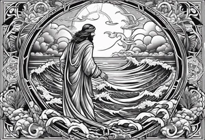 Almighty Jesus Christ confidently ascends from Heaven to vanquish the formidable Serpent lurking in the ocean. tattoo idea