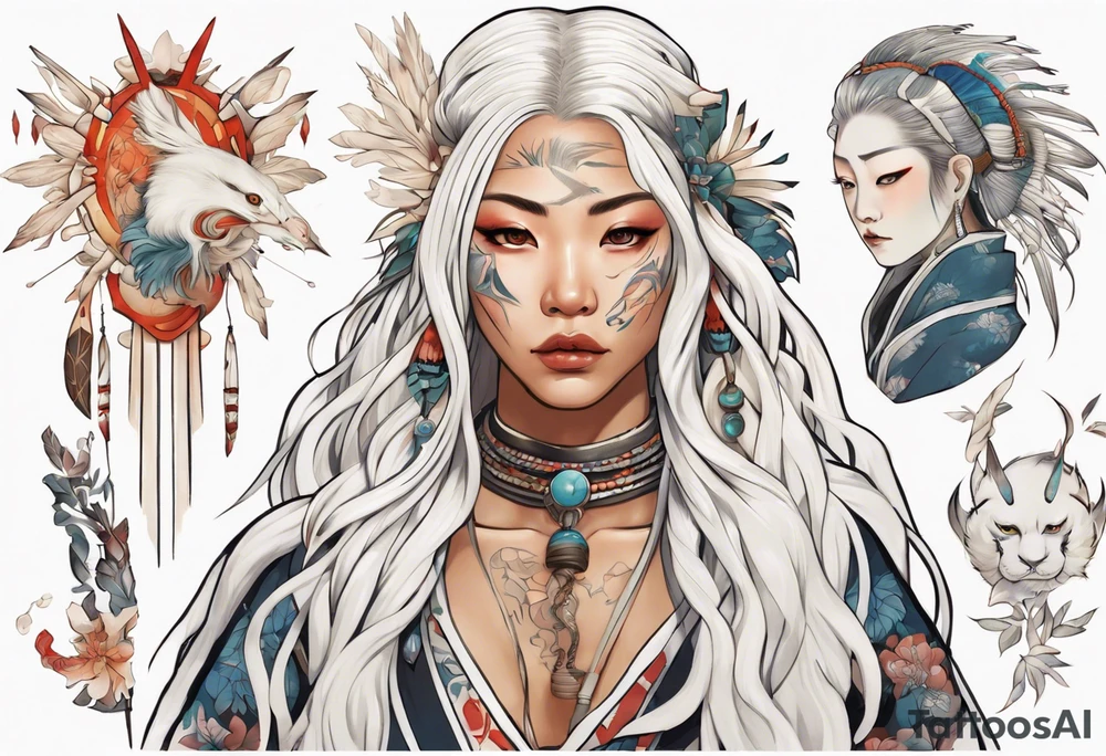 a beautiful indigenous woman with long white hair holding a white wand tattoo idea