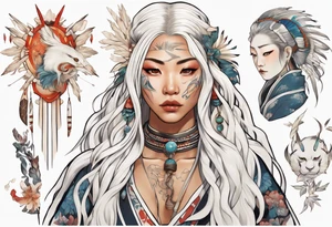 a beautiful indigenous woman with long white hair holding a white wand tattoo idea
