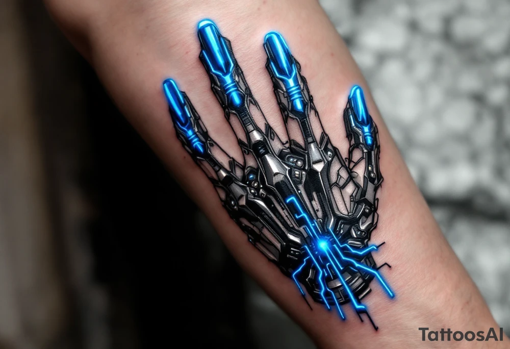 A futuristic chrome hand design with sapphire-blue energy lines tracing each finger like circuits. tattoo idea