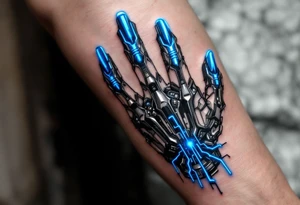 A futuristic chrome hand design with sapphire-blue energy lines tracing each finger like circuits. tattoo idea