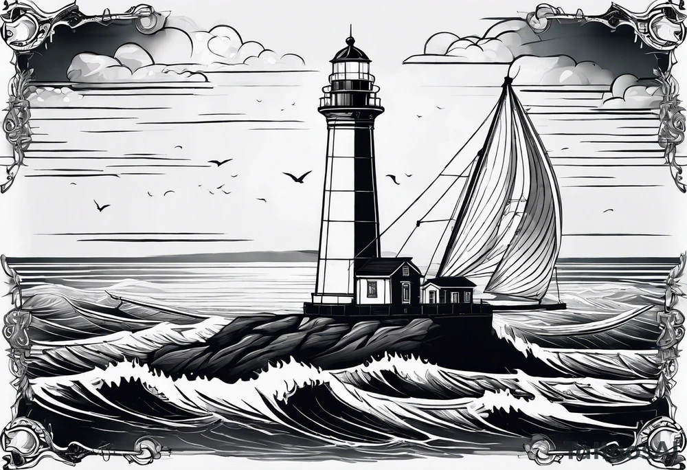 maritime lighthouse in a front view sailboat serving as a mast for a sail. tattoo idea