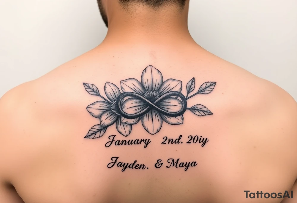 January and December birth Flower with infinity sign and the names Jayden and Maya tattoo idea