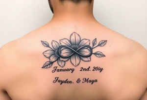 January and December birth Flower with infinity sign and the names Jayden and Maya tattoo idea