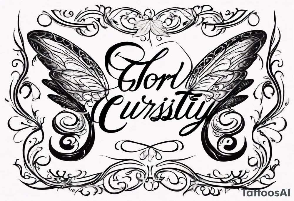 The word 'Curiosity' in cursive, intertwined with a fairy wing. tattoo idea
