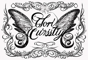 The word 'Curiosity' in cursive, intertwined with a fairy wing. tattoo idea