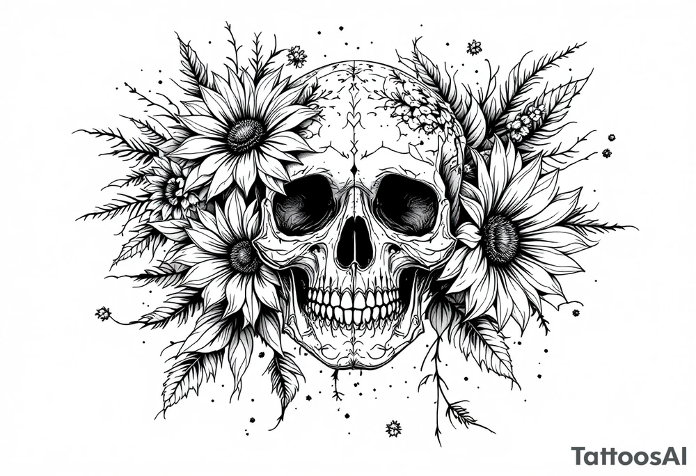 ornate skull adorned with wild roses and sunflowers tattoo idea