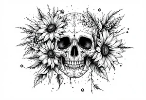 ornate skull adorned with wild roses and sunflowers tattoo idea
