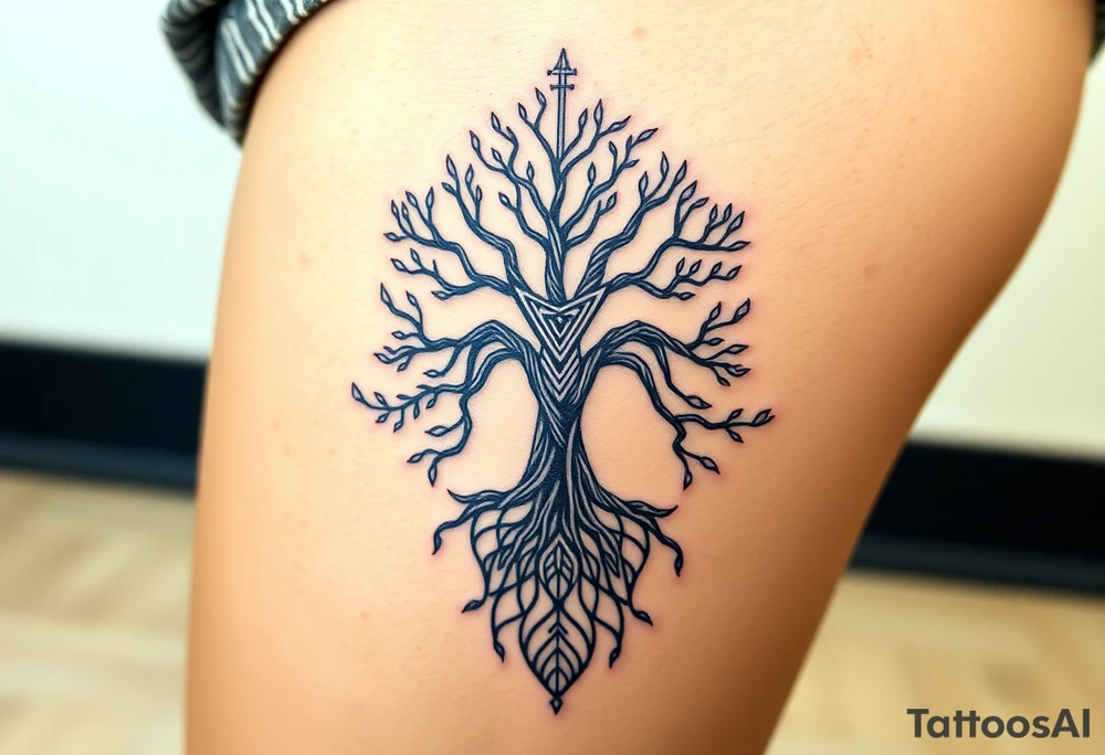 mystical tree of life with cosmic roots and celestial branches tattoo idea