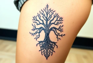 mystical tree of life with cosmic roots and celestial branches tattoo idea
