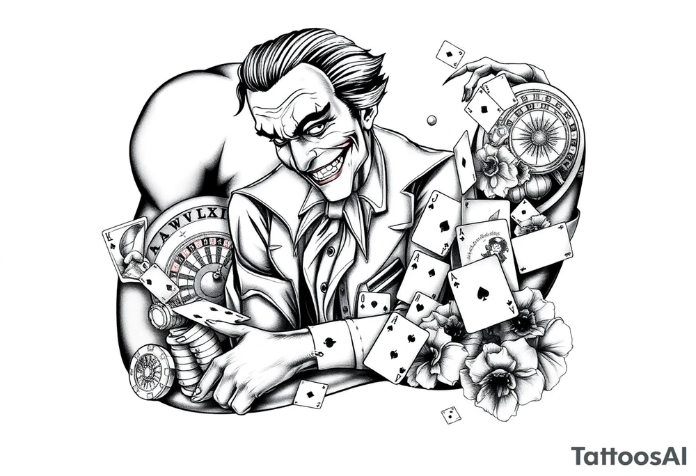 Gambling theme with the joker number 13 with roulette table slot machines and cards tattoo idea