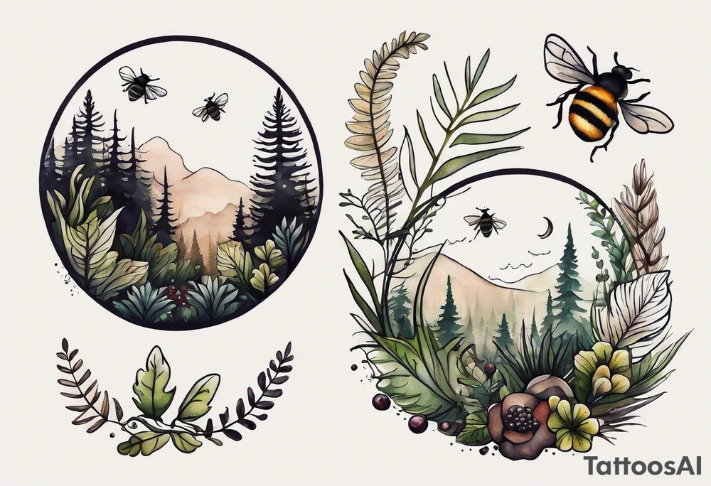 forest floor inspired minimalist tattoo, which includes grass, curly ferns, moss and dead leaves as the bulk of the tattoo. details to include: forest berries, a tiny bumblebee flying nearby, three small brown mushrooms
Generate a vertically long one tattoo idea