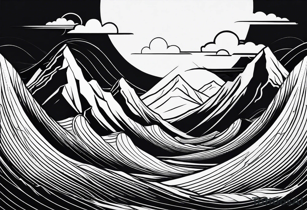 line art mountain vs space with waves in horizontal view tattoo idea line art mountain vs space with waves in horizontal view tattoo idea