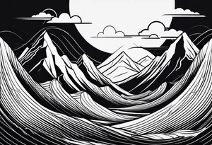 line art mountain vs space with waves in horizontal view tattoo idea
