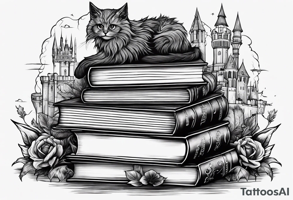 A stack of books with elements from Harry Potter, hunger games, the hobbit, pride and prejudice, twilight, and lord of the rings tattoo idea