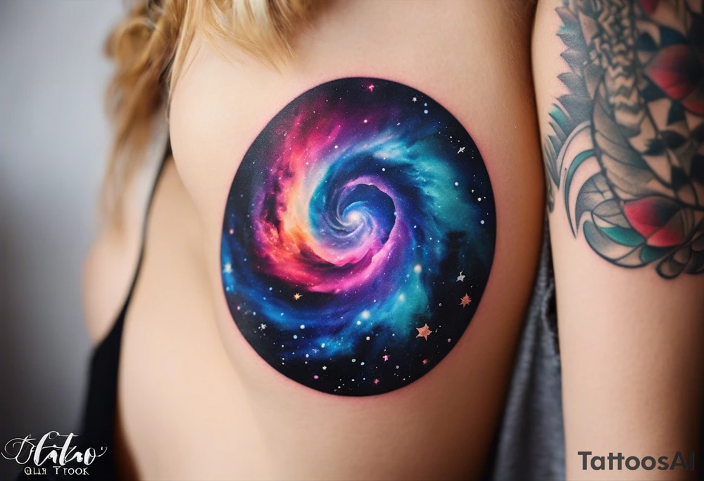 I want a spiral nebula space galaxy tattoo that's colorful and bright and cute and is nice to look at I don't want a traditional circle I want it like the ones thay look like an s shape and this tattoo will be on my left buttcheek and light colors I want more spread and less circle tattoo idea