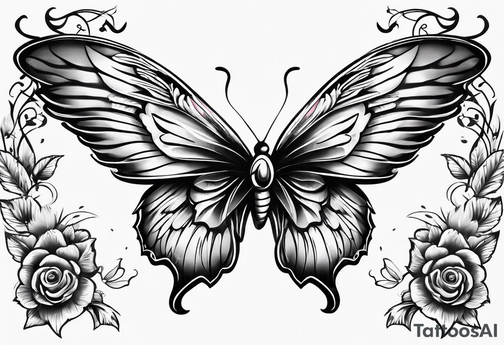 Angel wings and butterfly in the middle tattoo idea