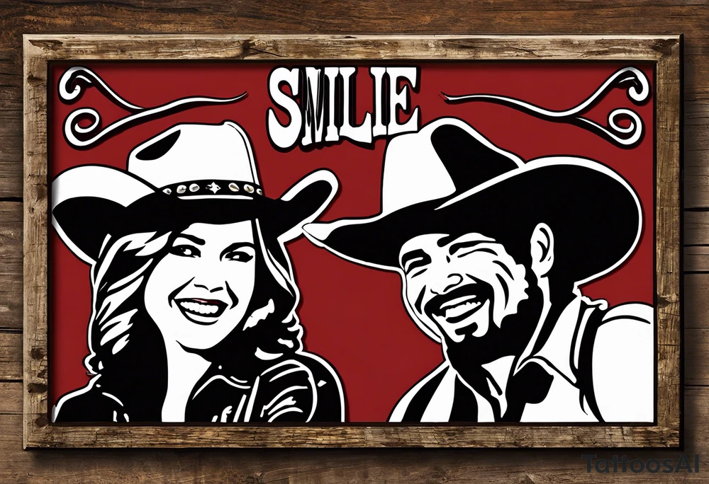 Smile now cry later to resemble cowboy/girl faces—one smiling with a cowboy hat and the other crying with a bandana or cowboy hat tilted downward? Framed with a rope or barbed wire design and include rustic lettering for the phrase “Smile Now, Cry Later,” perhaps resembling old western signage or branding irons. tattoo idea