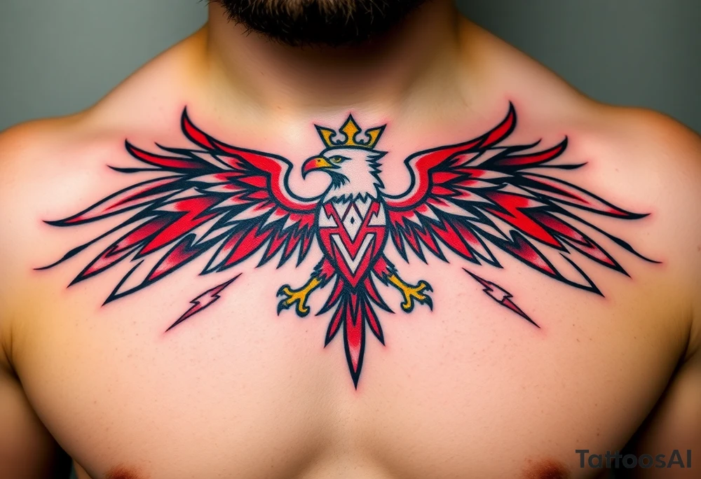 A red and white The Moravian eagle  with golden crown on its head surrounded by a storm, with dark clouds and lightning bolts tattoo idea