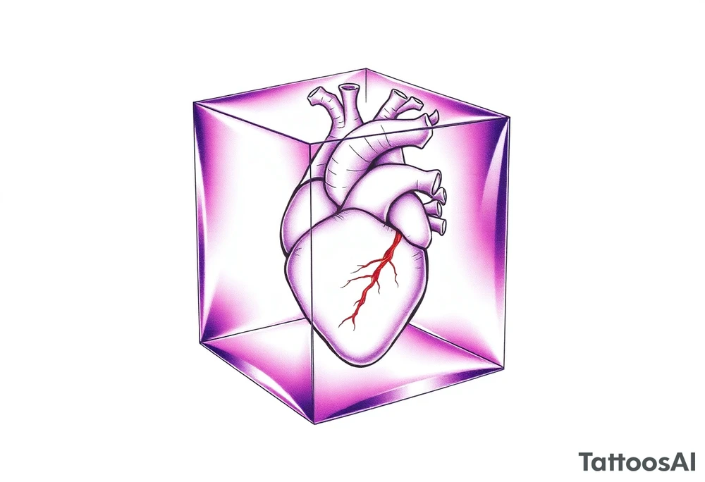 A translucent purple cube with an anatomical heart inside tattoo idea