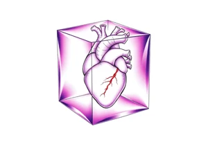 A translucent purple cube with an anatomical heart inside tattoo idea