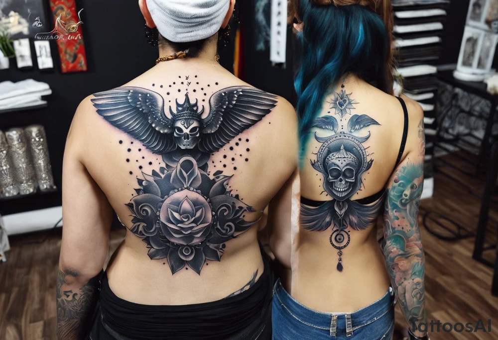 black kali, goddess pirate, alien, angel, pachamama, valkrye, warrior, flying, skull, lotus azul, wing, eagle, zenza resonance, stars, 5D, anahata chakra, death, durga, riding on a tiger, flying lady, chest tatoo tattoo idea