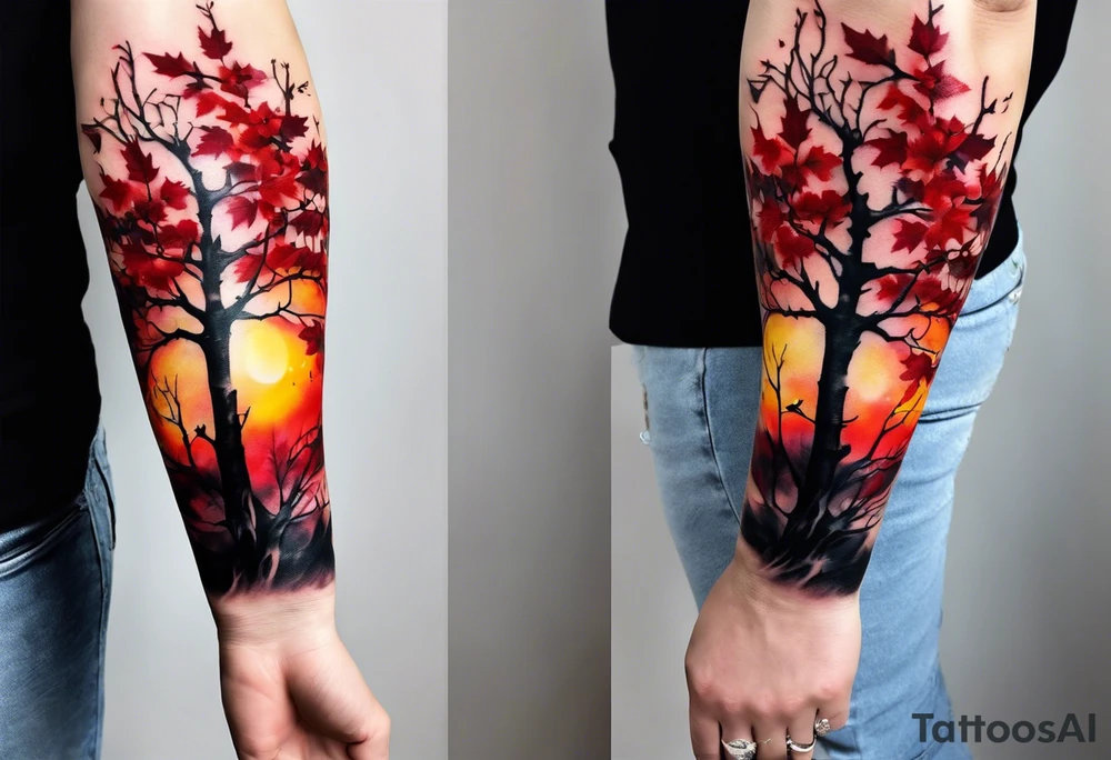 trash polka style. Arm tattoo. Long tattoo. Full sleeve. Shoulder. A single large maple tree with red autumn leaves that branches upwards from wrist to shoulder. White-throated dipper bird on the trees branches. Calluna flowers at the base of the trees stem. Tree stem has dark colors. Red/yellow sunset behind the trees stem. Leaves falling. tattoo idea