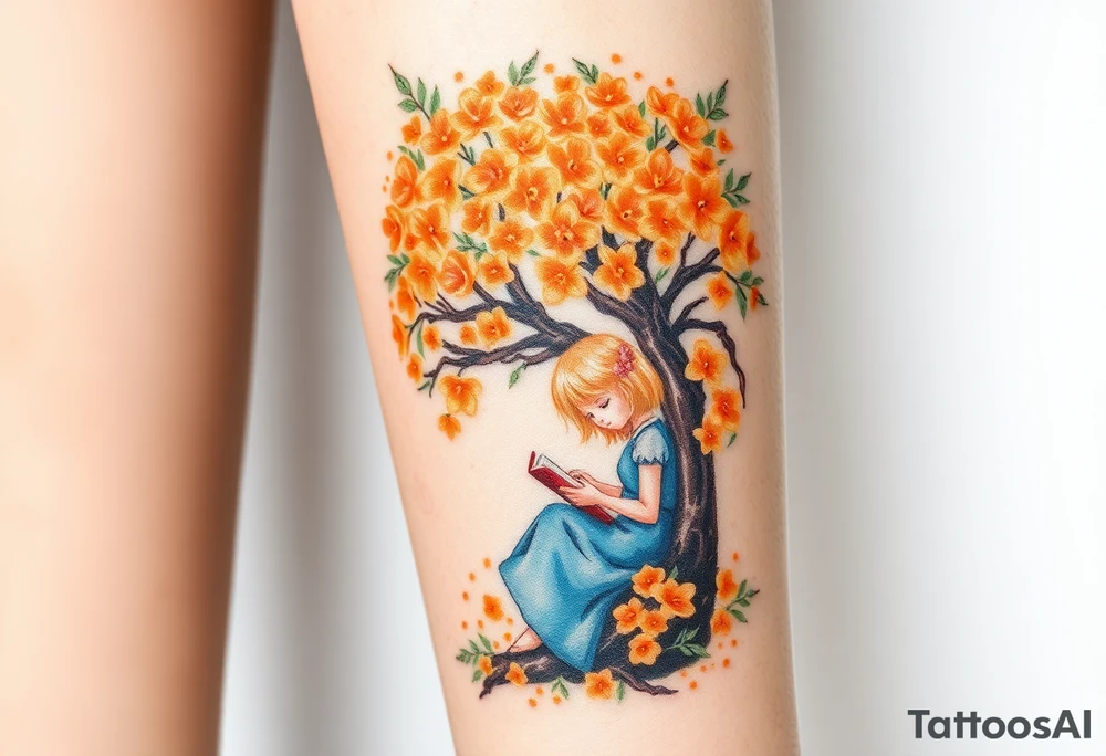 An orange tree full of flowers, a little blond girl wearing a blue dress sitting under it while reading. 


. tattoo idea