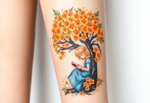 An orange tree full of flowers, a little blond girl wearing a blue dress sitting under it while reading. 


. tattoo idea