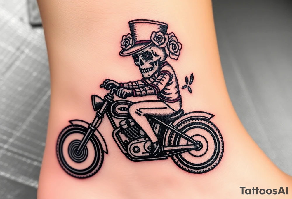 create an decorated "day of the dead skull" wearing a top hat with roses who is riding a retro motorcycle tattoo idea