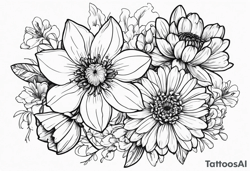 Narcissus, Chrysanthemum, Cosmos, snow drop flowers. For the back or an arm tattoo idea