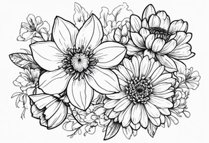 Narcissus, Chrysanthemum, Cosmos, snow drop flowers. For the back or an arm tattoo idea