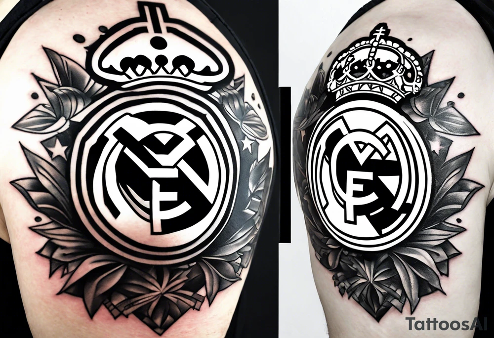 Half sleeve of a champions league ballon shoulder & Real Madrid crest on side of bicep & champions league trophy on tricep tattoo idea