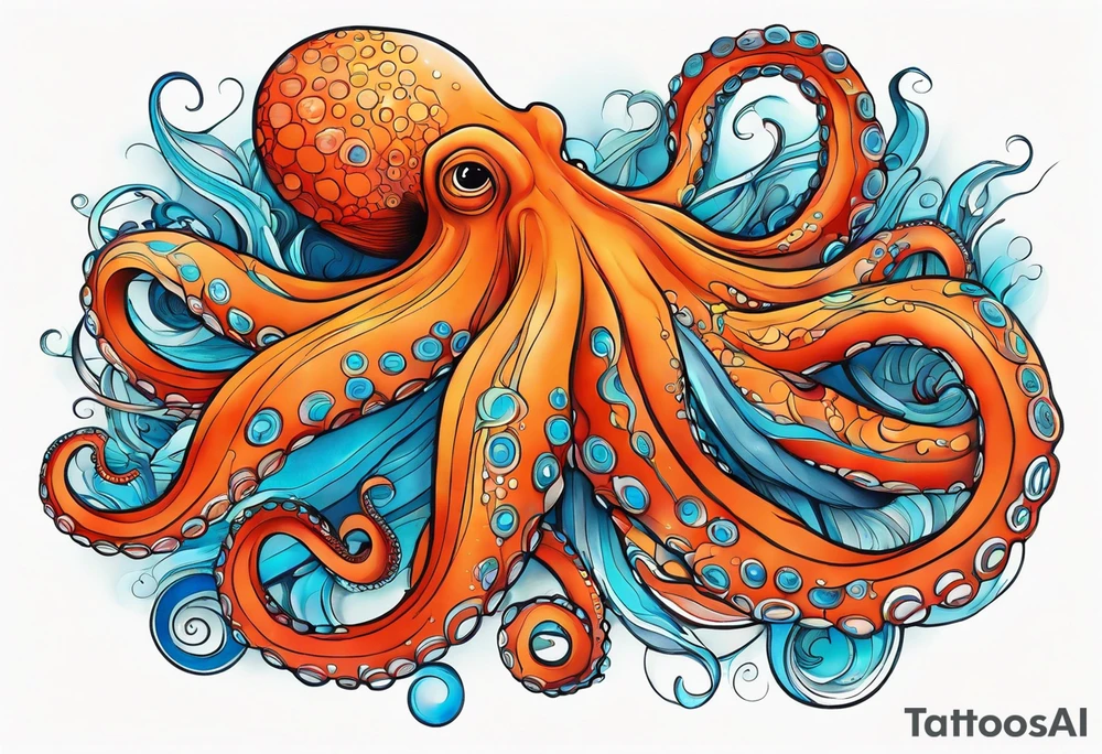 Orange and red Octopus with blue and teal suckers tattoo idea