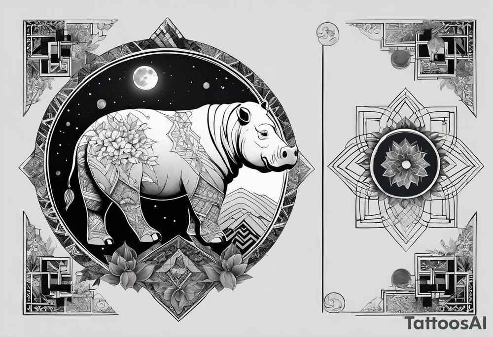 Very asymmetrical, +geometric pattern, with realistic full moon, with hippo,+tribal, +geometric, +inkart , +blackwork, +grey scale, + sketch
with wintersweet flower bud, +inkart touch, +for men, detailed , combined favourite , tattoo idea