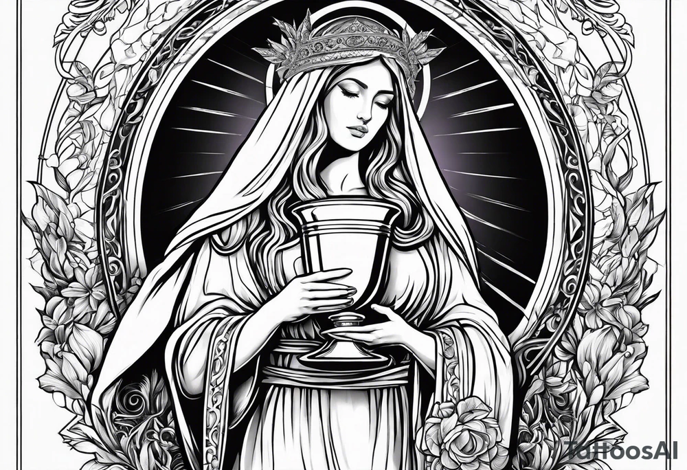 holy saint woman turned away with golden halo holding a chalice tattoo idea