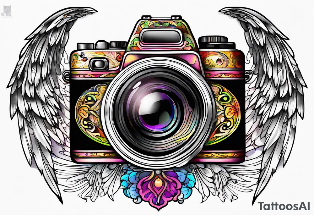 Camera with angel wings tattoo idea
