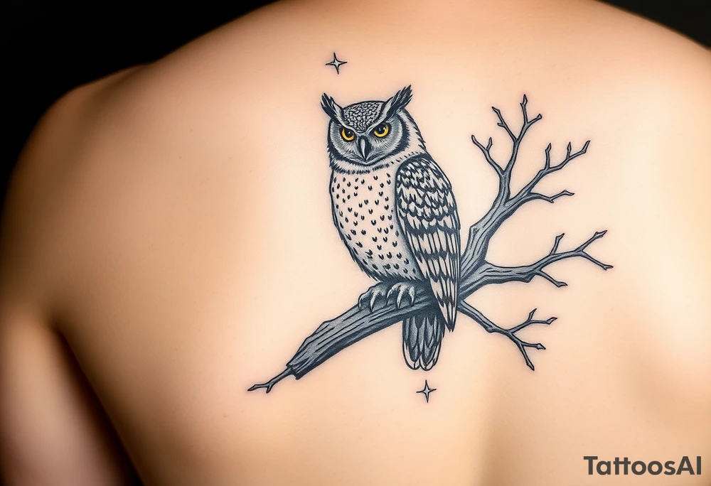 wise owl perched on ancient oak branch under starlit sky tattoo idea