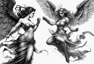 angel woman and devil woman fighting, arguing on the sky , big wings and full body, angel at the right side and have normal wing but devil woman at the left side and with bat wing tattoo idea
