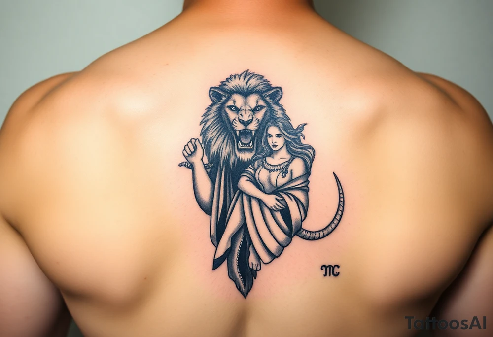 Roaring Leo lion holding virgo woman with robe and wavy hair, add Sagittarius female and Capricorn male below these tattoo idea