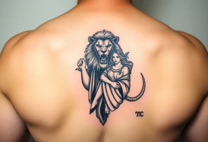 Roaring Leo lion holding virgo woman with robe and wavy hair, add Sagittarius female and Capricorn male below these tattoo idea