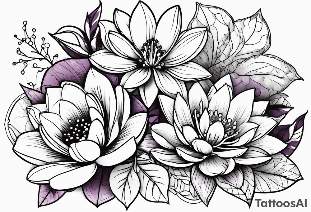 flower bouquet with 1 violet, 1 water lilly, and 1 holly tattoo idea