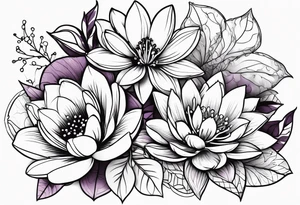 flower bouquet with 1 violet, 1 water lilly, and 1 holly tattoo idea