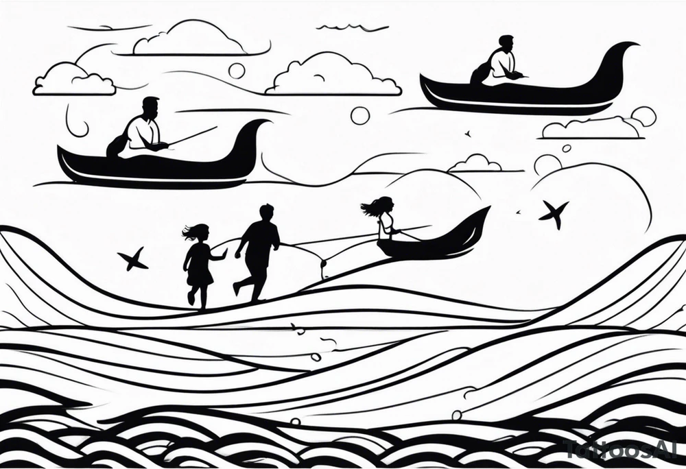 Black and white, single needle, minimal Line work tattoo with a dad and his two toddler daughters in the ocean. tattoo idea