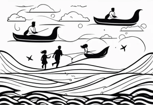 Black and white, single needle, minimal Line work tattoo with a dad and his two toddler daughters in the ocean. tattoo idea