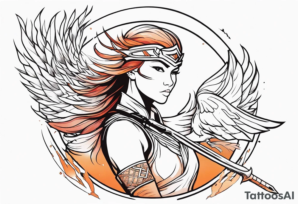 female warrior with phoenix and weapons tattoo idea