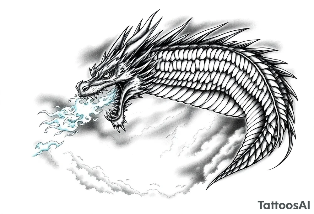 fierce dragon breathing iridescent fire against stormy skies tattoo idea