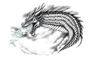 fierce dragon breathing iridescent fire against stormy skies tattoo idea