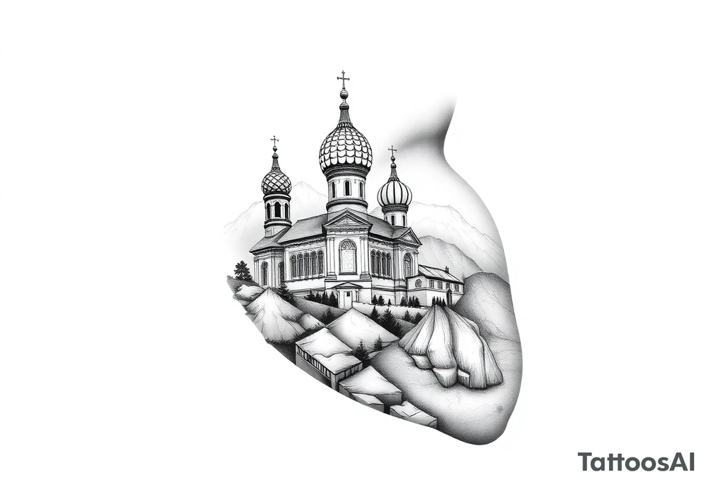 russian orthodox christian left arm tattoo with st basils cathederal in a mountainous setting tattoo idea